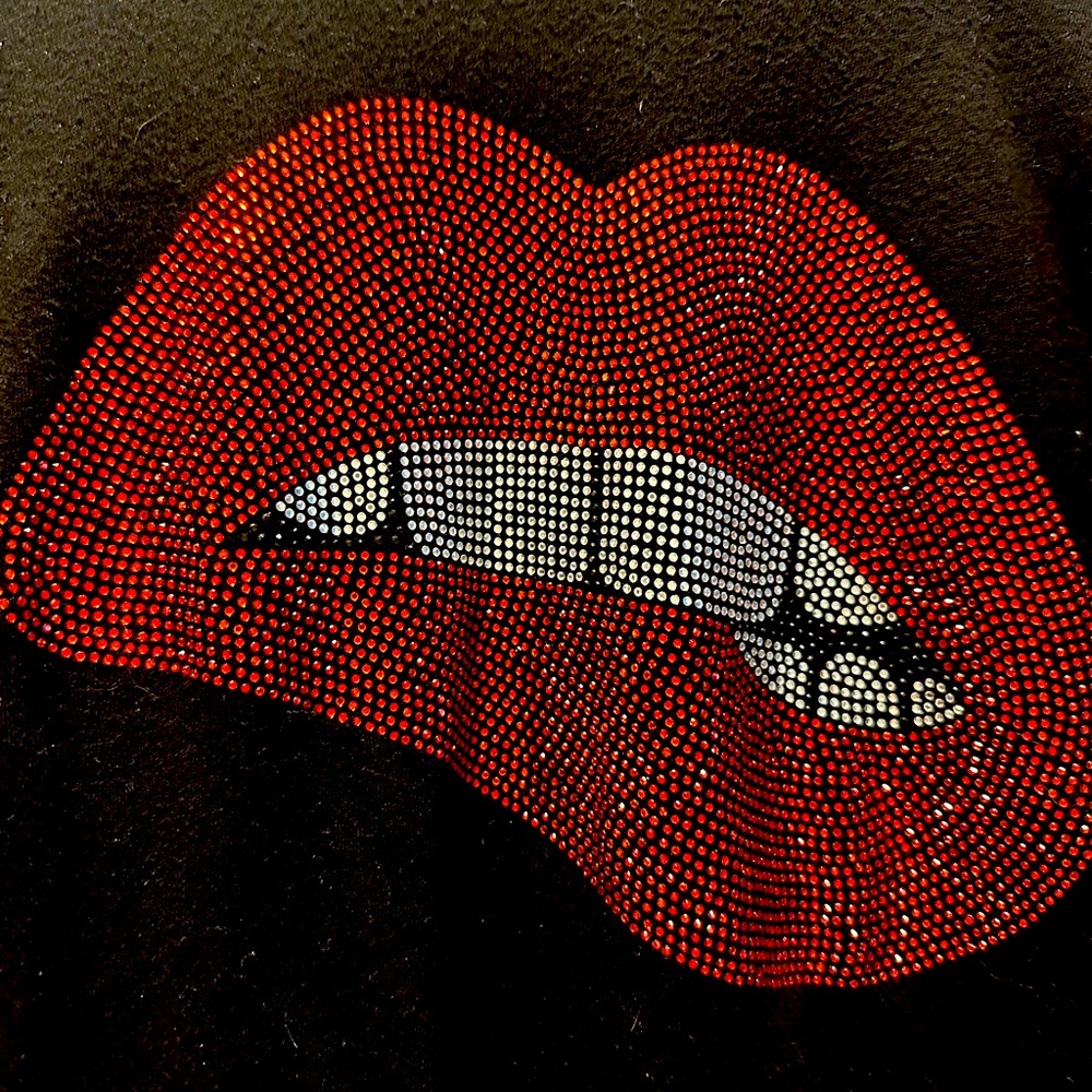 Lauren Moshi Black Tee with Red and White Rhinestone Lip Graphic